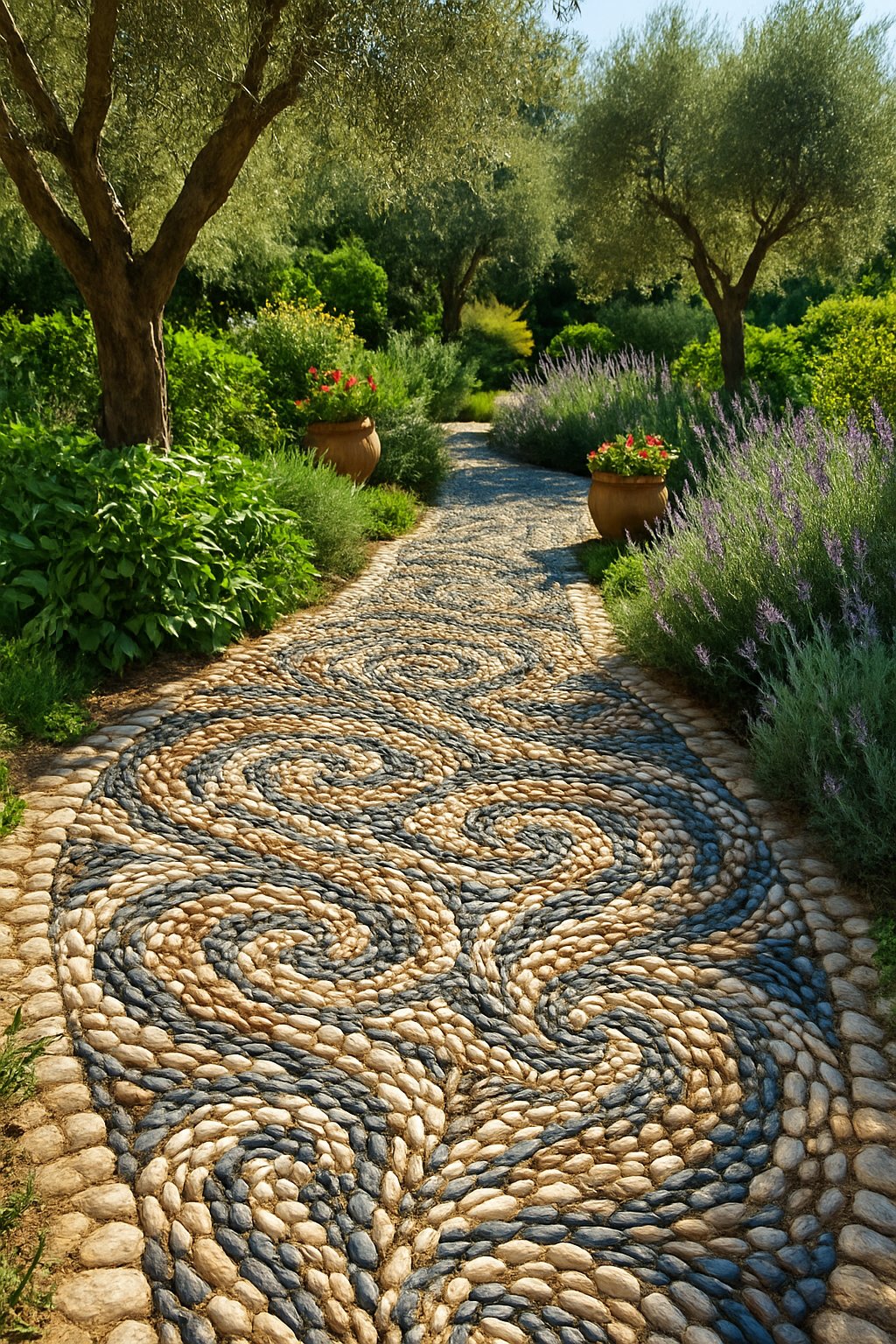 A pebble mosaic pathway winding through a Mediterranean backyard garden with plants and trees around it.