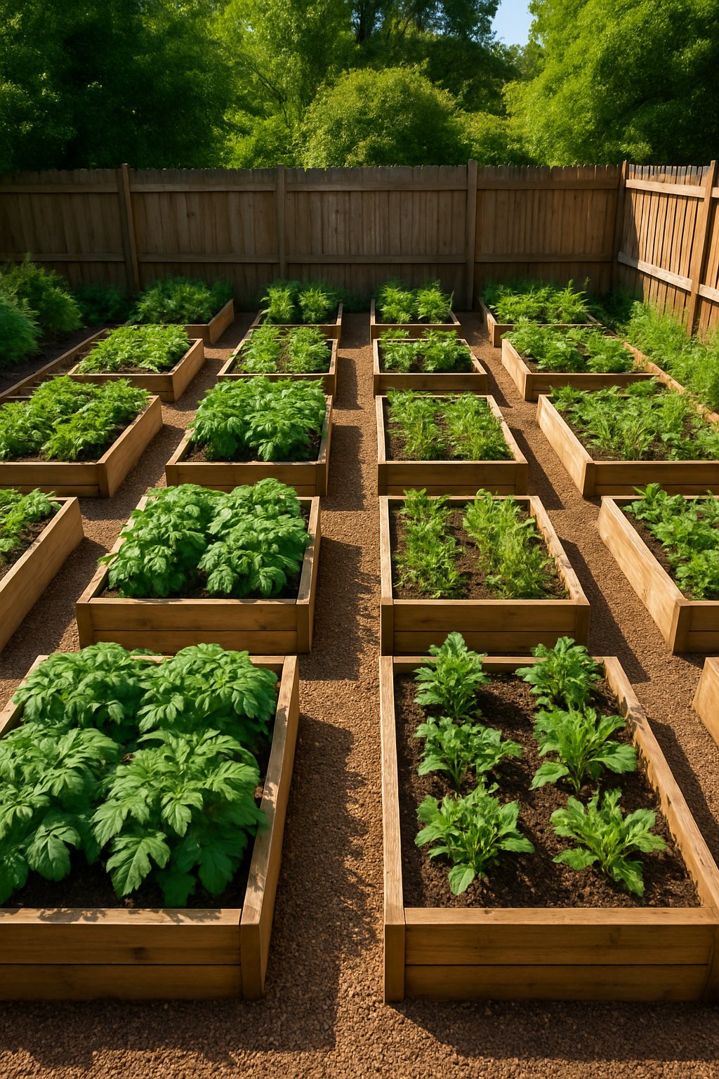 A backyard garden with 24 raised vegetable beds along a wooden fence filled with healthy green plants.