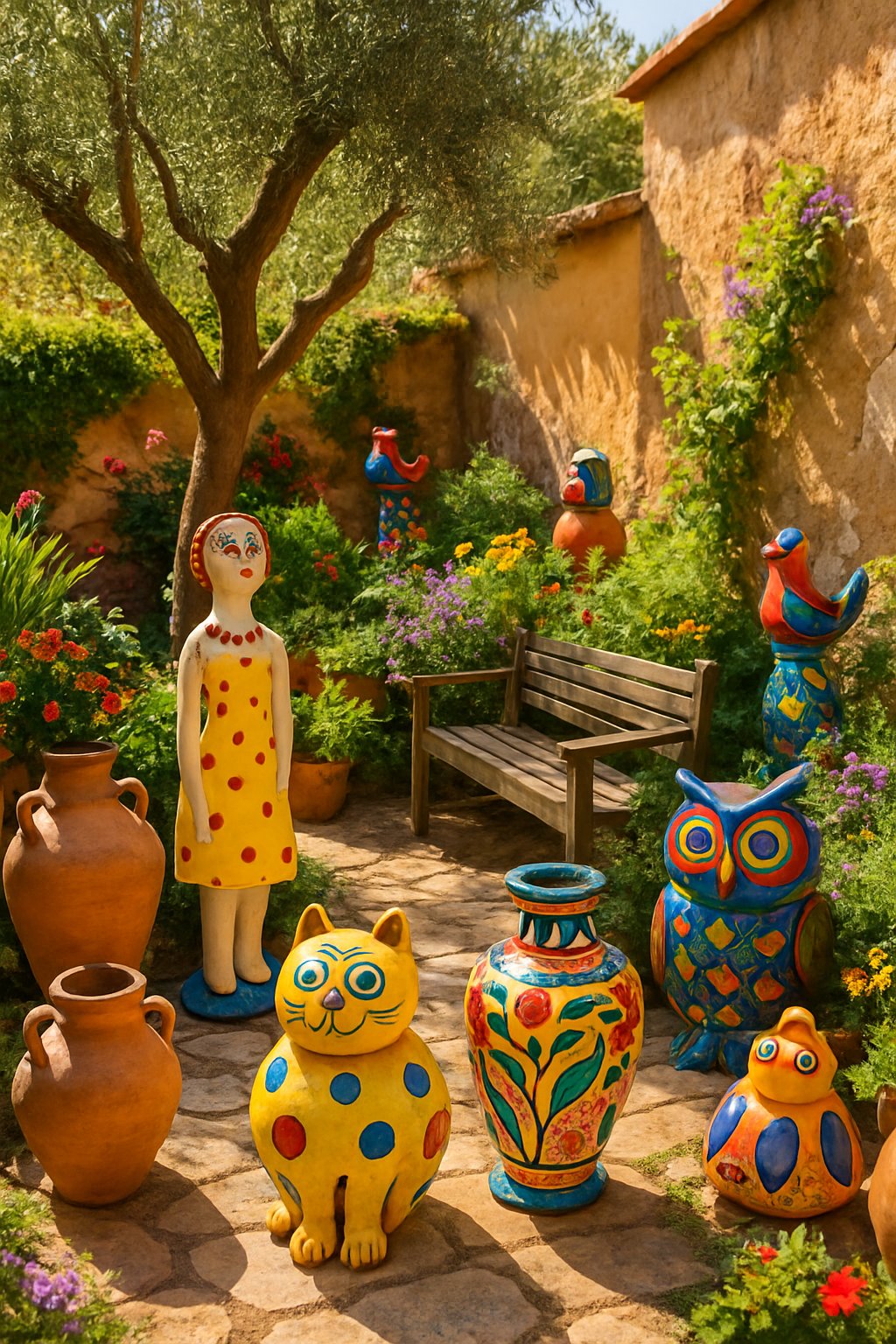 A Mediterranean backyard garden with colorful pottery sculptures, terracotta pots, greenery, and stone pathways.