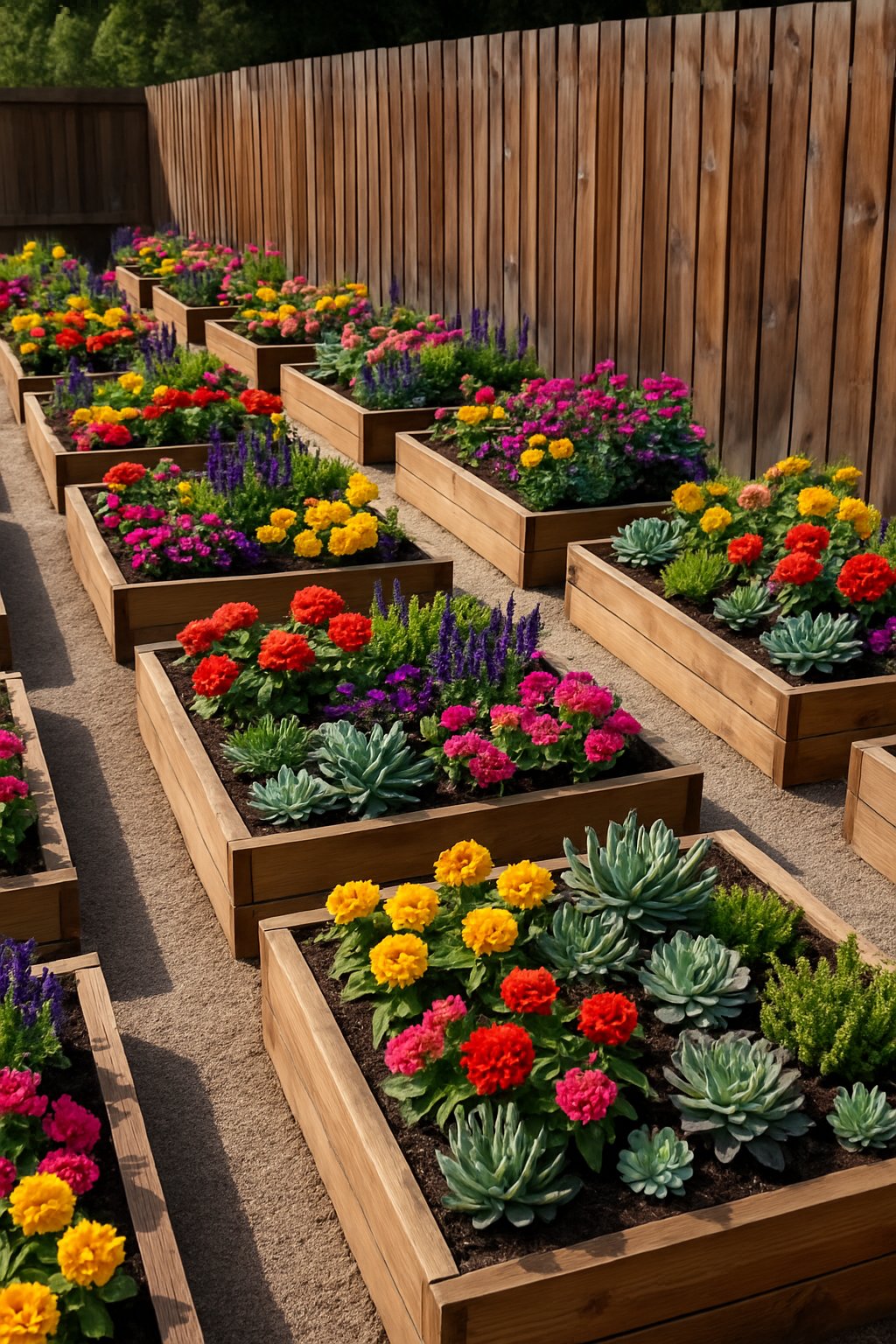 A garden with 24 raised wooden flower beds along a wooden fence, filled with colorful flowers and succulent plants.