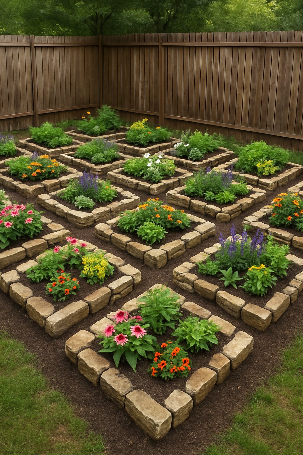 Backyard garden with 24 raised flower beds edged with natural stones along a wooden fence, filled with colorful flowers and green plants.