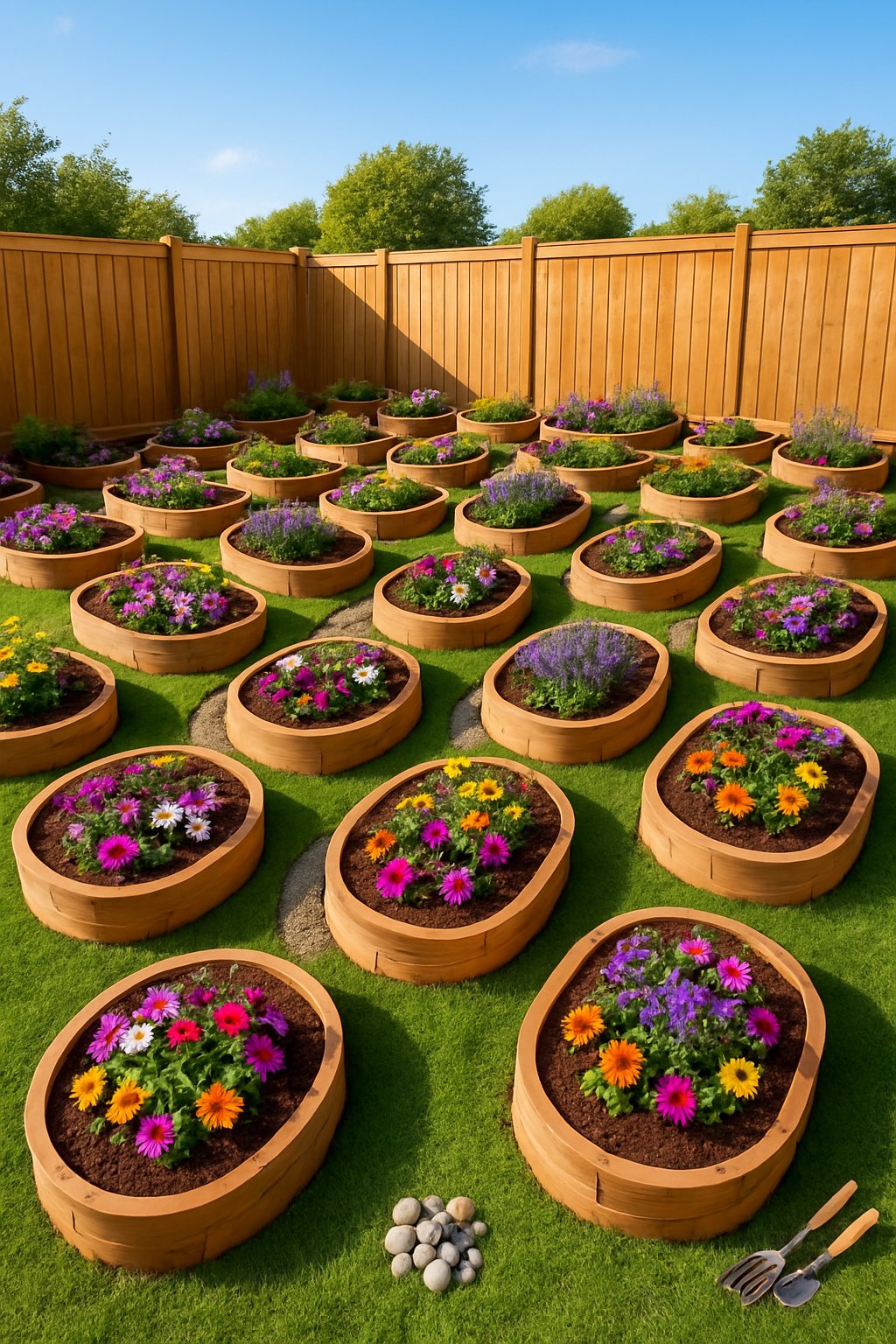 A garden with 24 curved raised flower beds filled with colorful flowers arranged along wooden fence lines under a clear sky.