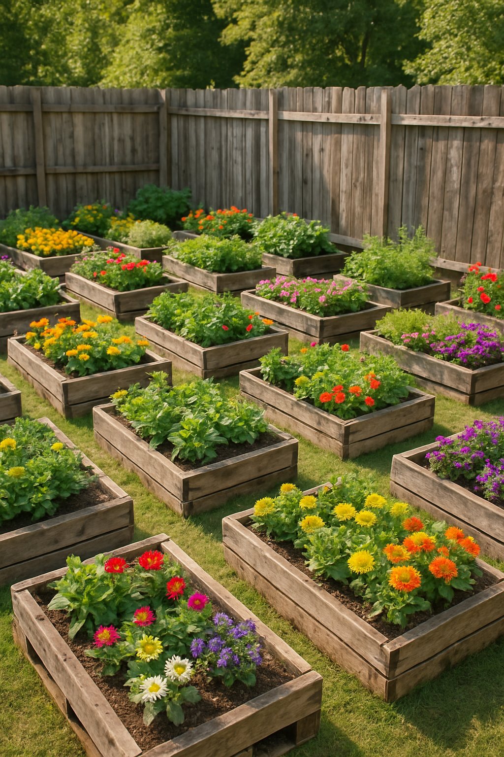 A backyard garden with 24 raised flower beds made from recycled wooden pallets arranged along a wooden fence, filled with colorful blooming plants.