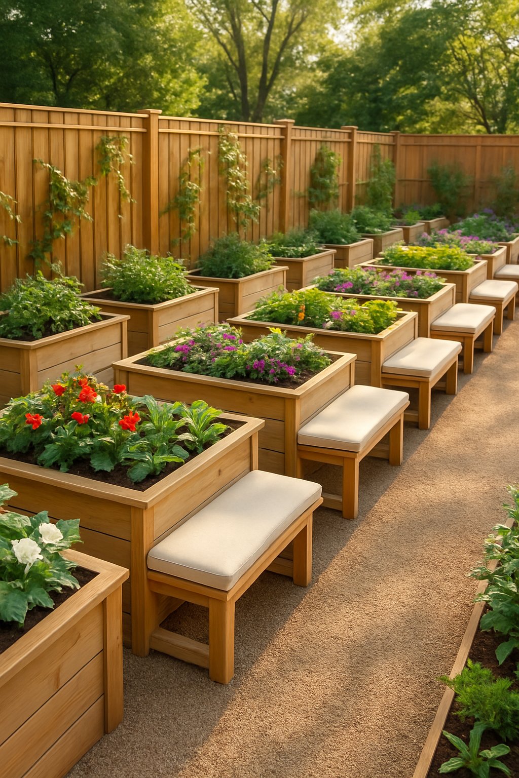 Backyard garden with 24 raised flower beds along a wooden fence and built-in bench seating for relaxing and gardening.