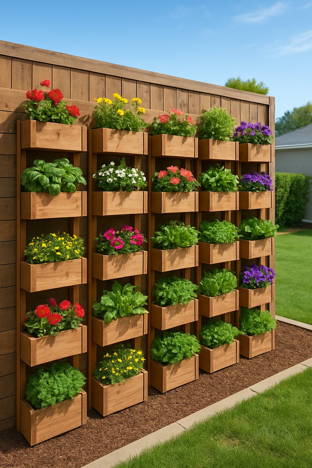 A backyard garden with 24 vertical wooden raised flower beds filled with colorful flowers arranged along a wooden fence.