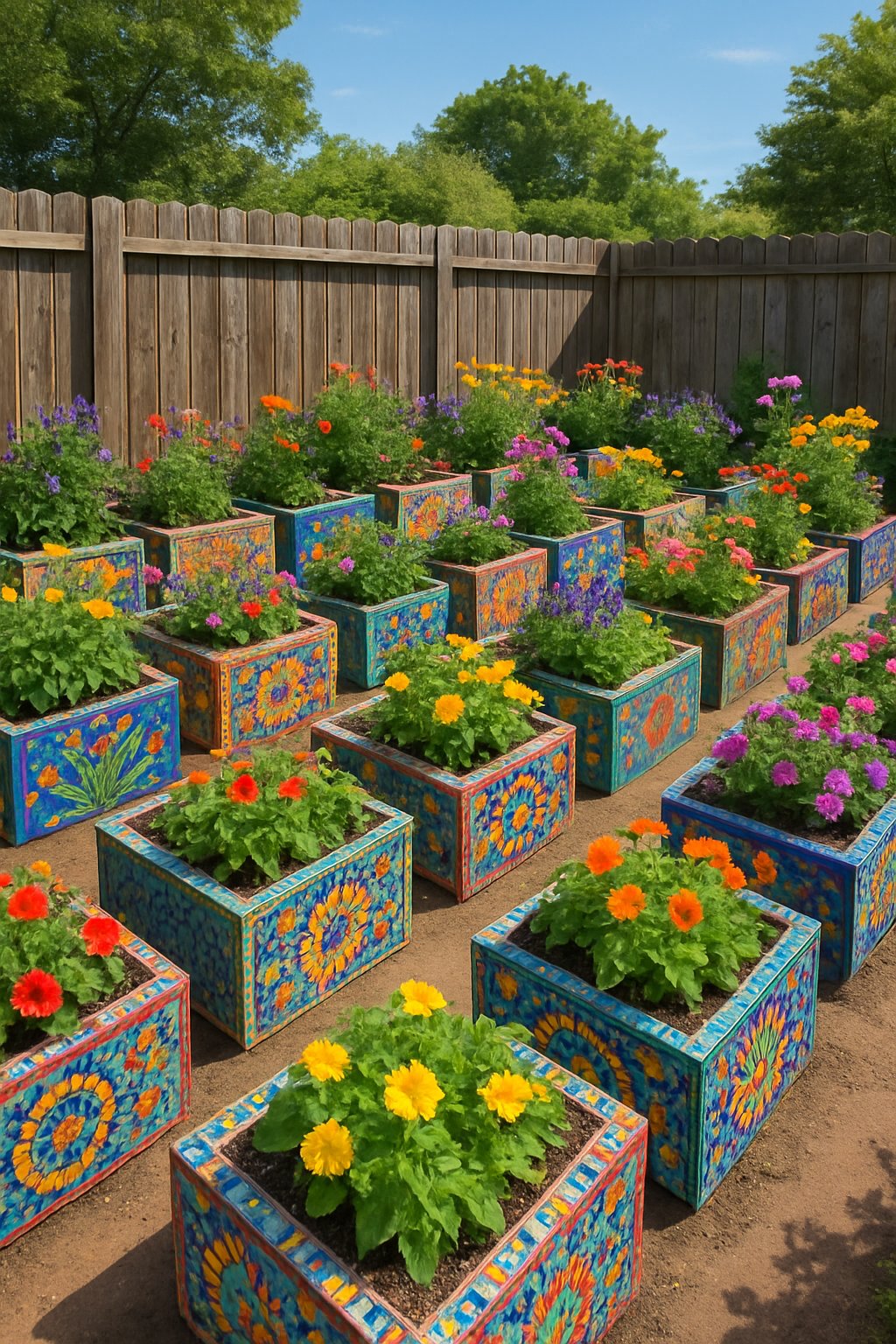 A garden with 24 colorful mosaic-tiled raised flower beds arranged along a wooden fence, filled with green plants and blooming flowers under a clear sky.