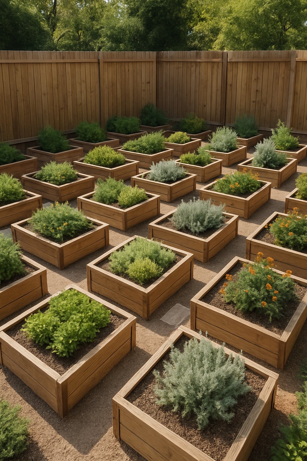 A backyard with 24 raised flower beds filled with native plants arranged along a wooden fence.