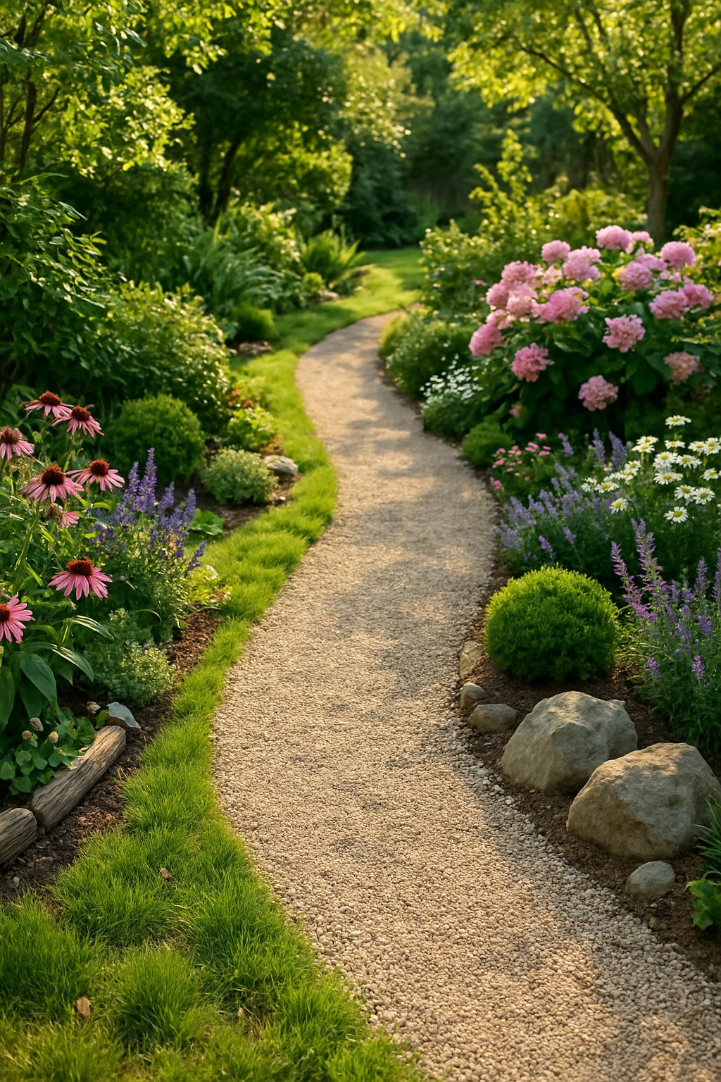 A winding gravel pathway curves through a backyard garden with green grass, flowering plants, and small shrubs.