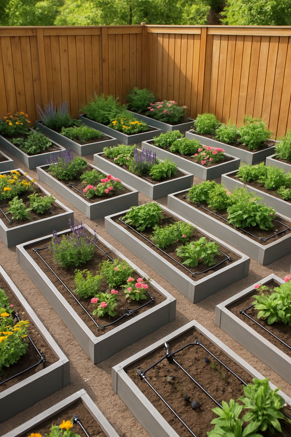 A garden with 24 raised flower beds along a wooden fence, each bed has built-in irrigation and is filled with colorful flowers and green plants.