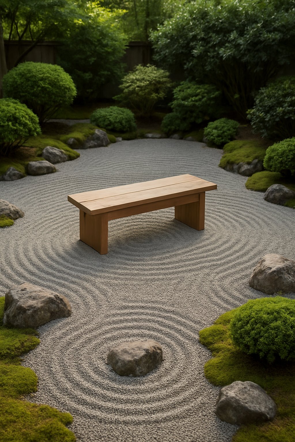 A wooden bench surrounded by neatly raked gravel in a peaceful backyard garden.