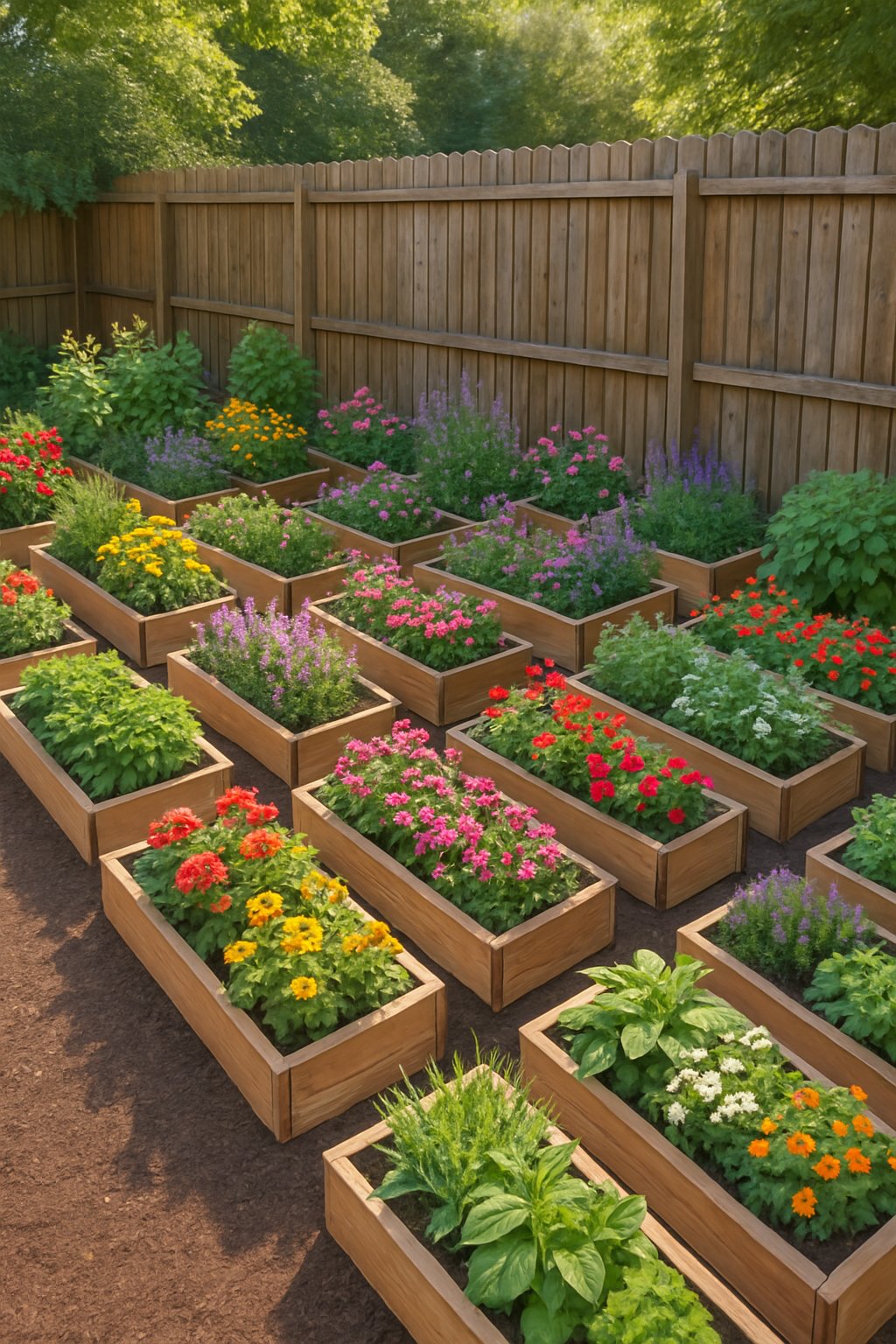 A backyard with 24 narrow raised flower beds filled with various plants arranged along a wooden fence.