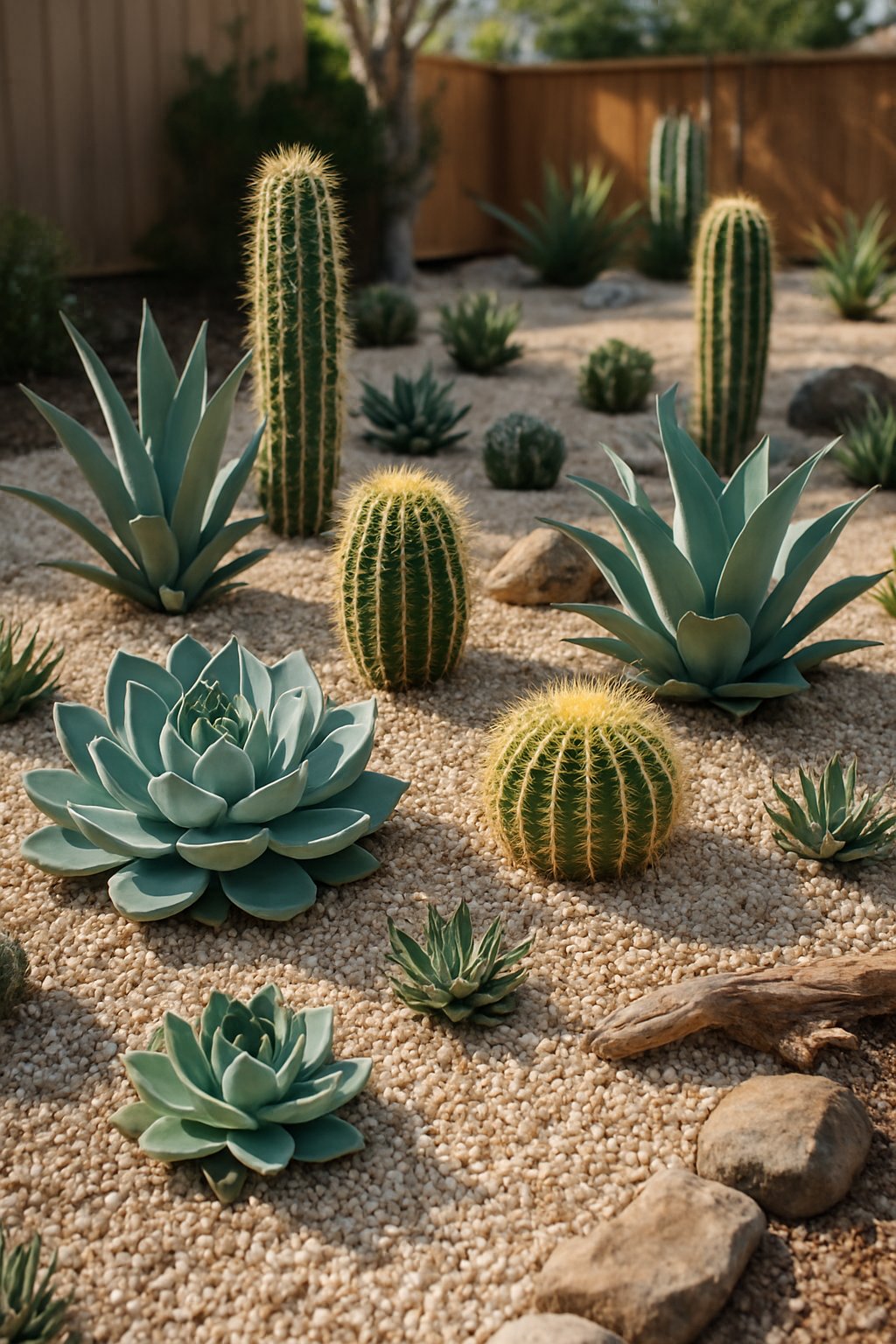 A backyard garden with various succulents and cacti planted among light-colored gravel stones.