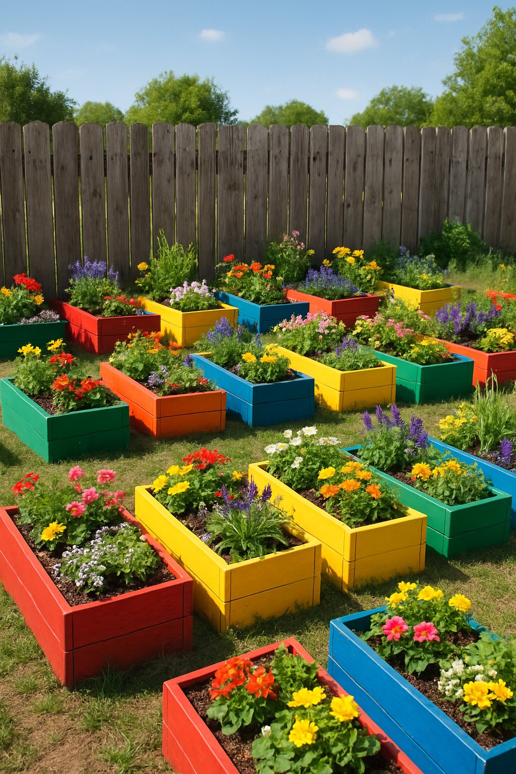 A garden with 24 brightly colored raised flower beds arranged along a wooden fence, filled with blooming flowers and green plants.