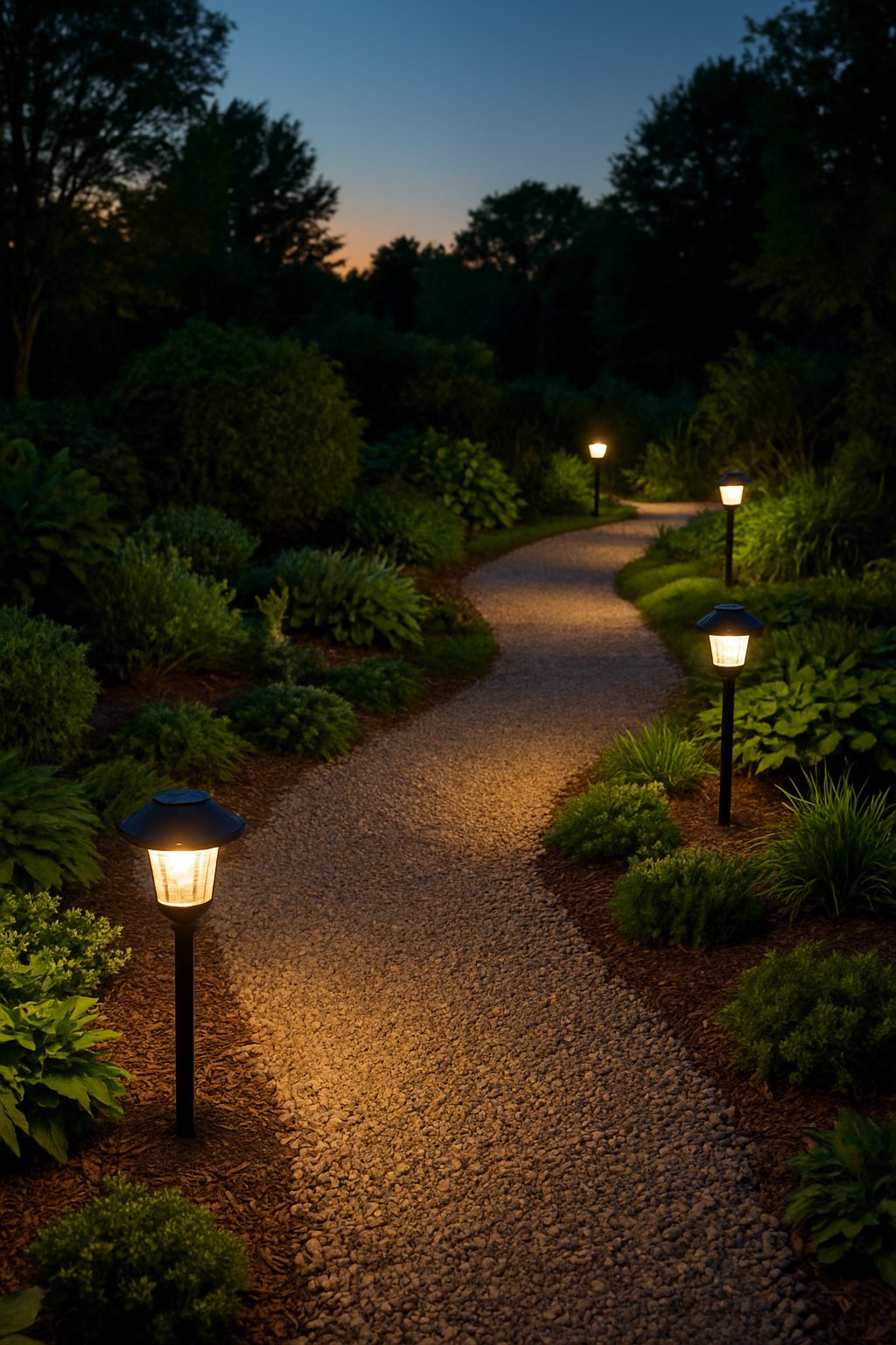 A backyard garden at dusk with a gravel path lined by glowing solar garden lights and surrounded by green plants.