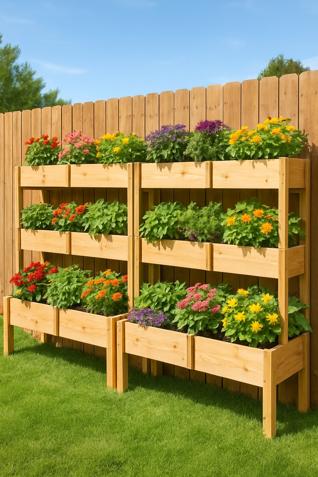 Backyard garden with 24 double-decker raised flower beds arranged vertically along a wooden fence, filled with colorful flowers and green plants.
