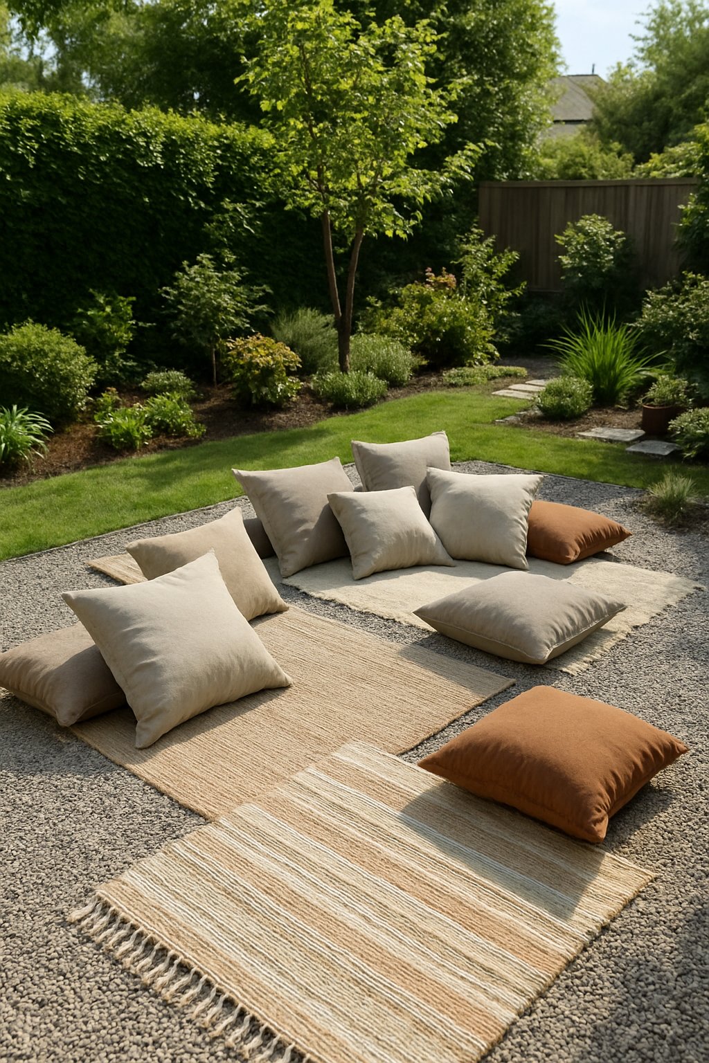A backyard gravel patio with outdoor cushions and rugs surrounded by green plants.