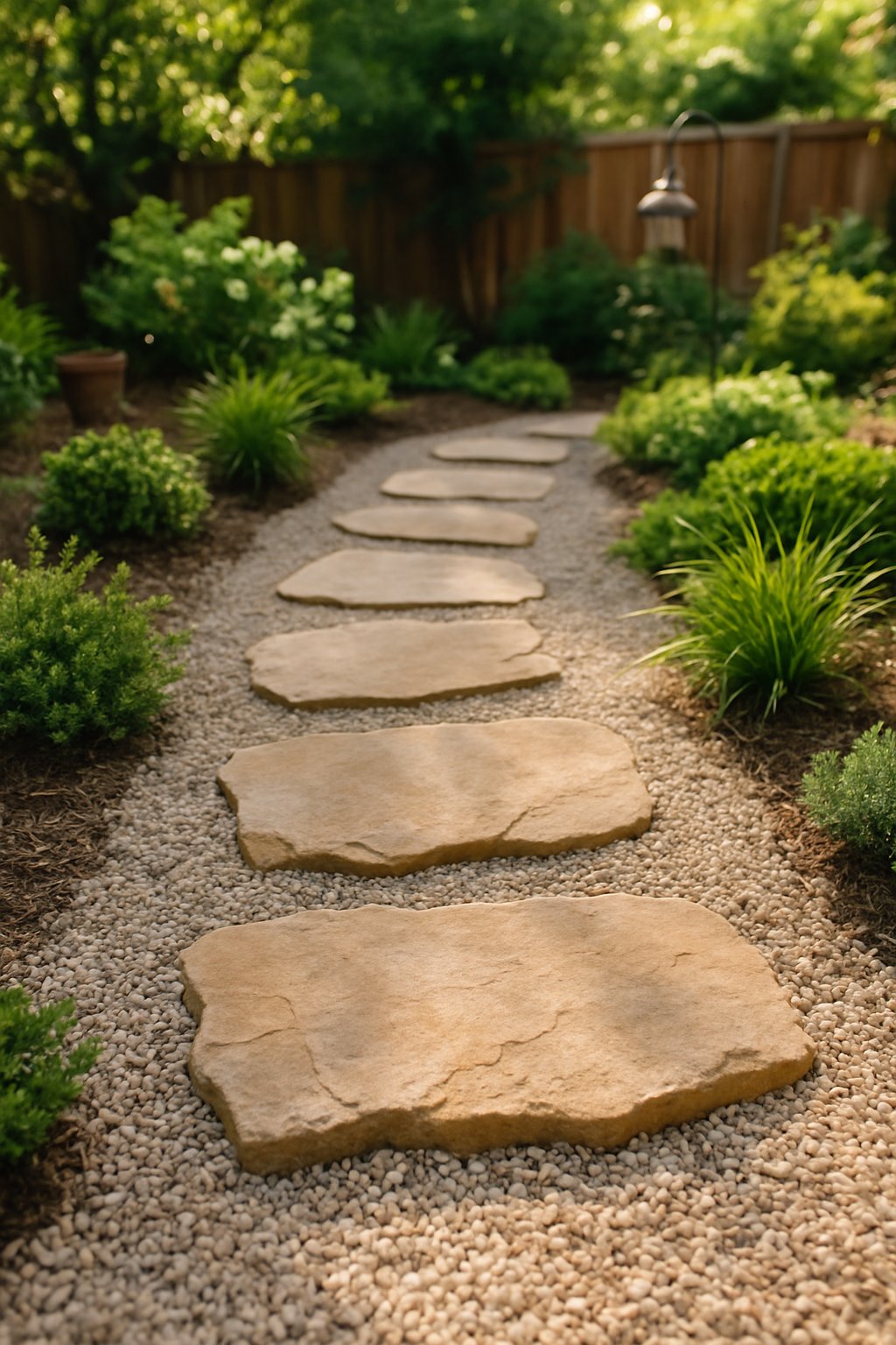 Backyard garden with natural stone pavers set within gravel surrounded by plants and greenery.