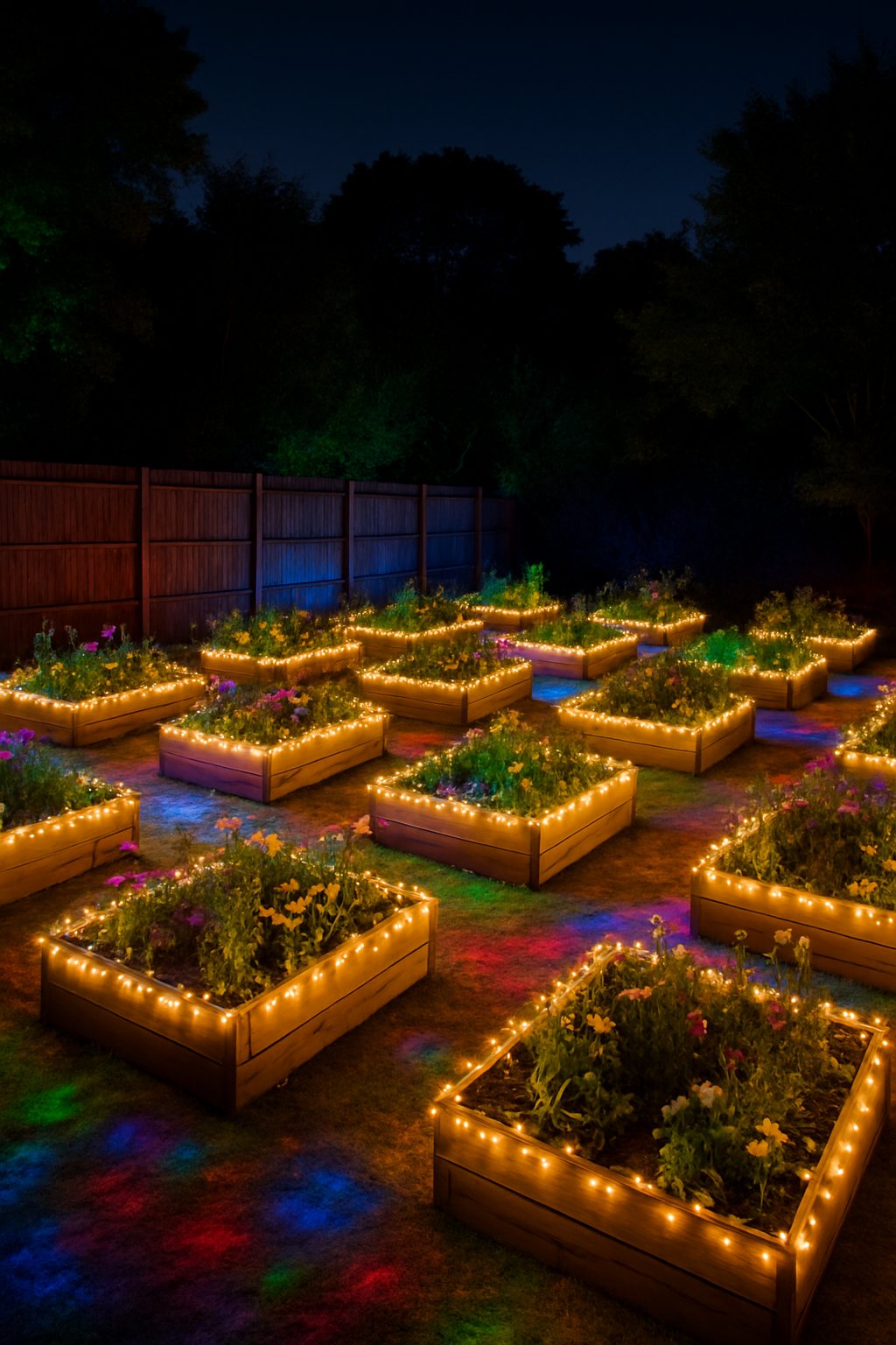 Nighttime garden with 24 raised flower beds lined along a fence, decorated with fairy lights creating a cozy glow.
