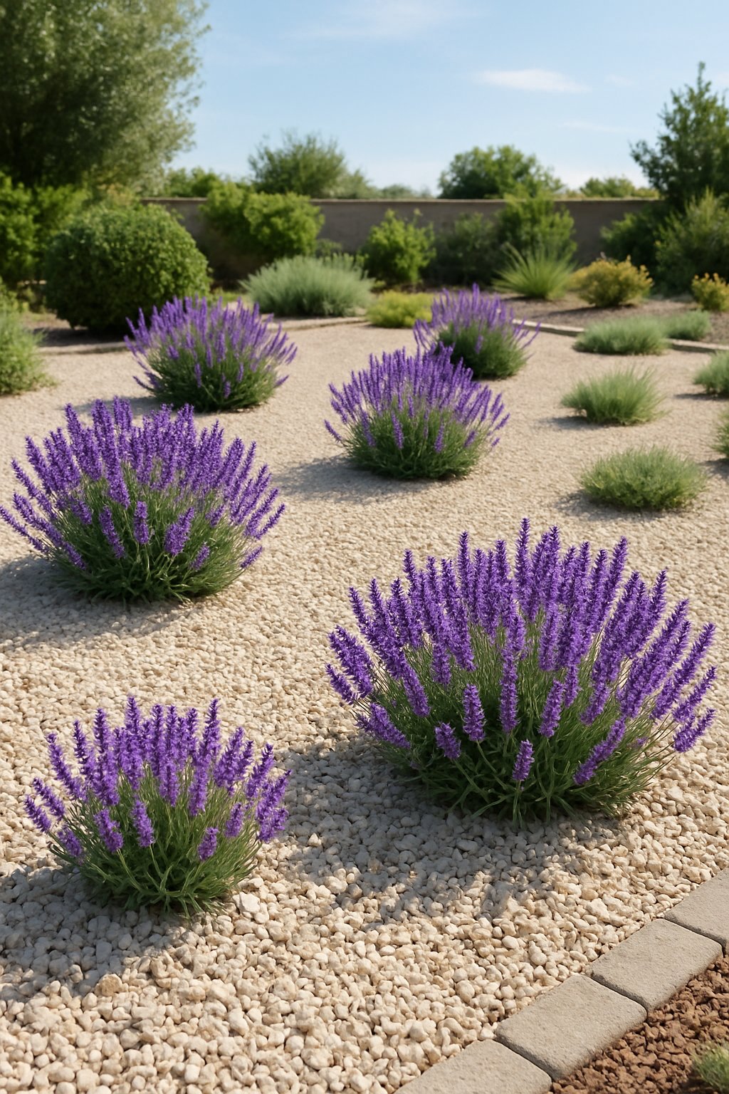 Backyard garden with light-colored gravel and clusters of purple lavender plants in bloom under a clear sky.