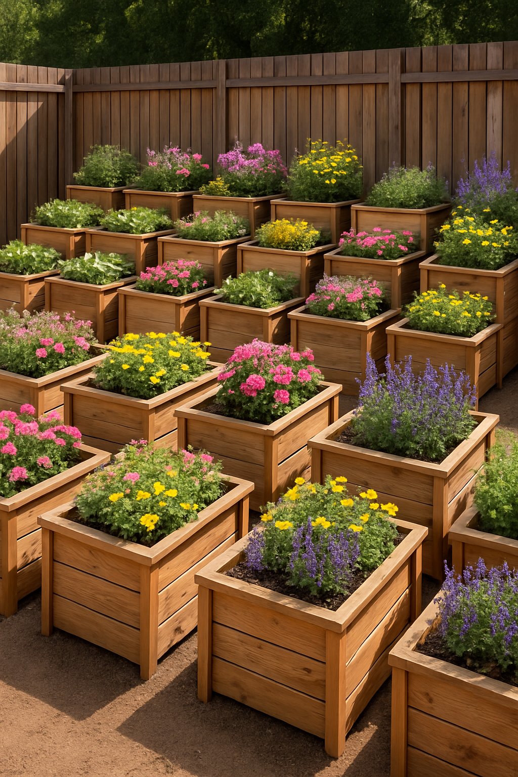 Backyard garden with 24 raised wooden flower beds arranged in multi-level boxes along a wooden fence, filled with colorful plants and flowers.