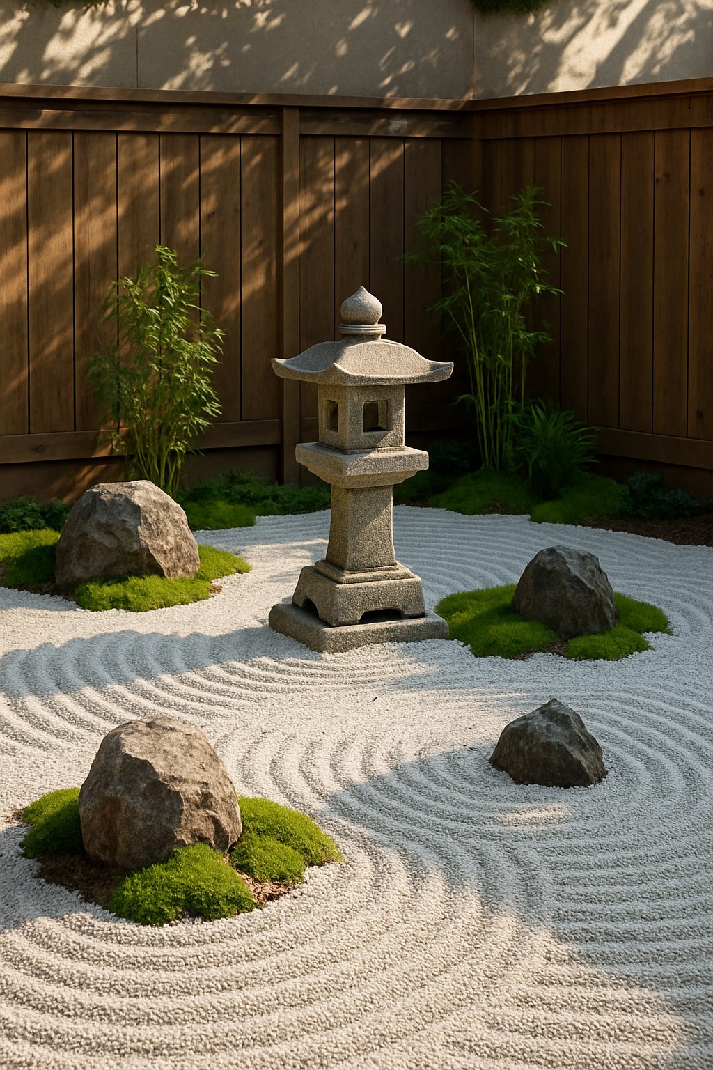 A peaceful backyard corner with raked white gravel, a small stone lantern, natural stones, and green plants.