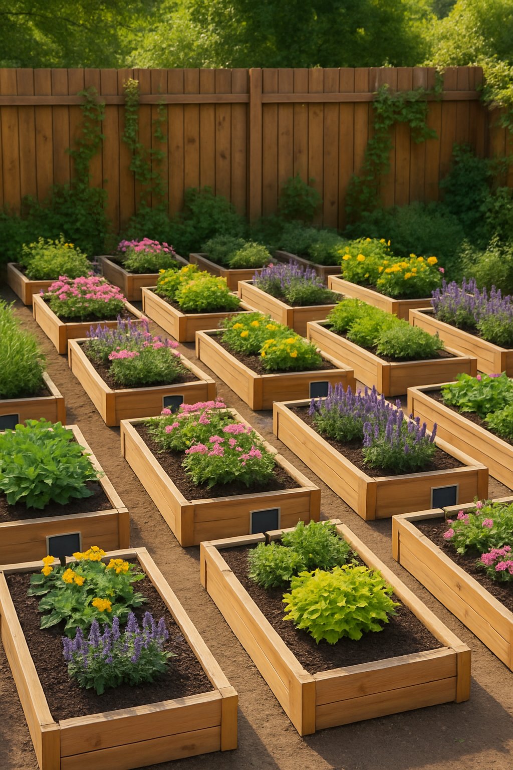 A garden with 24 raised wooden flower beds arranged along a wooden fence, each filled with colorful plants and small chalkboard labels.