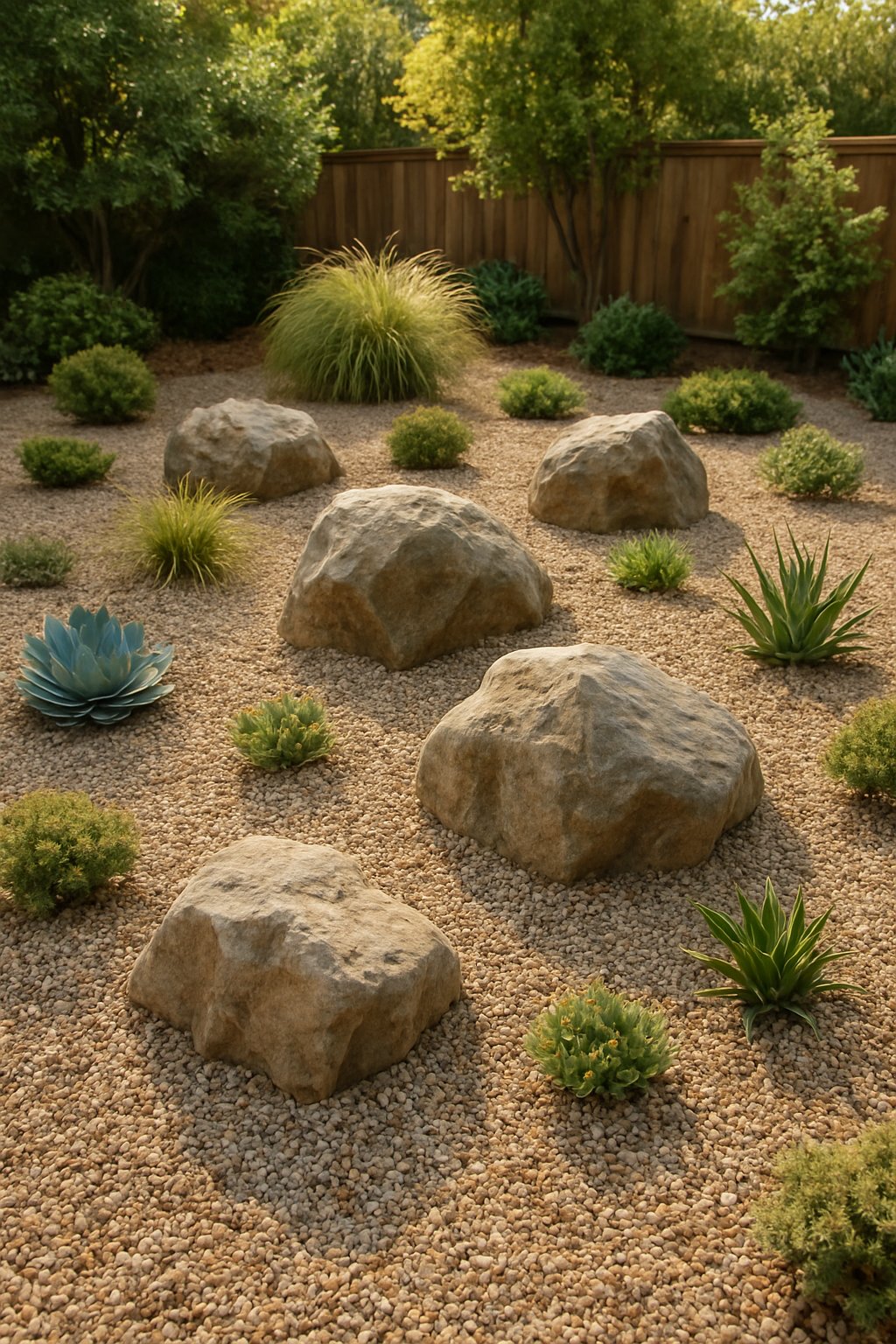 Backyard gravel garden with scattered large boulders, gravel ground, and various green plants.