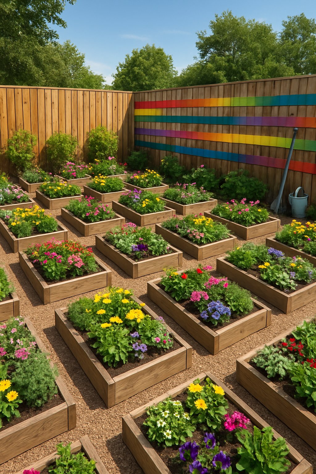 A backyard garden with 24 raised flower beds along a wooden fence painted with colorful stripes, filled with blooming flowers and green plants.