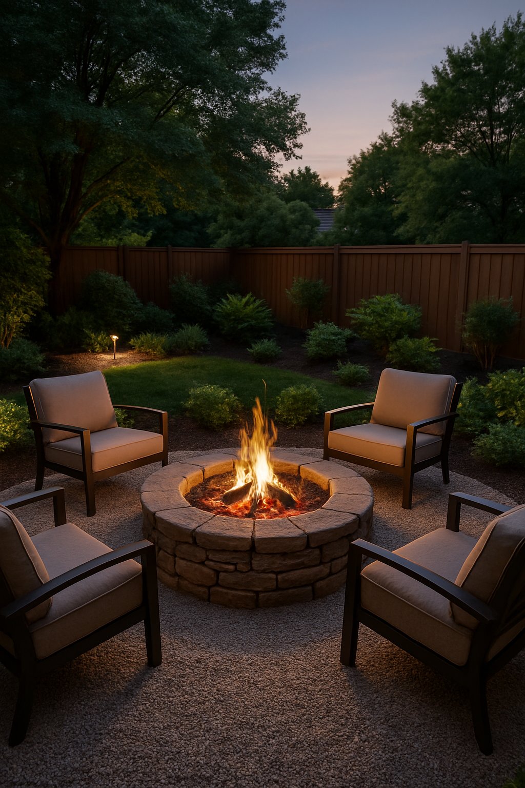 A backyard with a stone fire pit surrounded by chairs on a gravel surface, bordered by green plants.