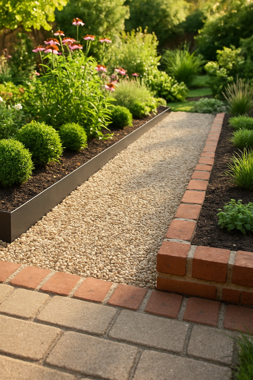 Backyard garden with gravel borders edged by steel and brick, surrounded by green plants and flowers.