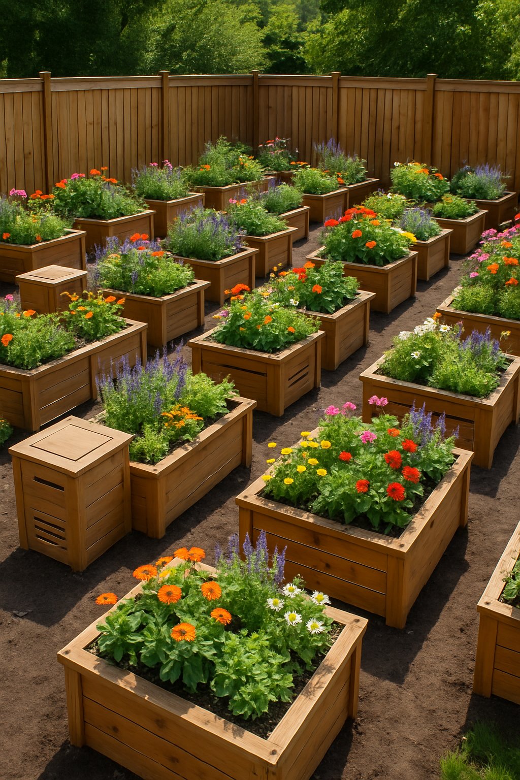A backyard garden with 24 wooden raised flower beds along a fence, each featuring integrated compost bins and filled with blooming flowers and green plants.