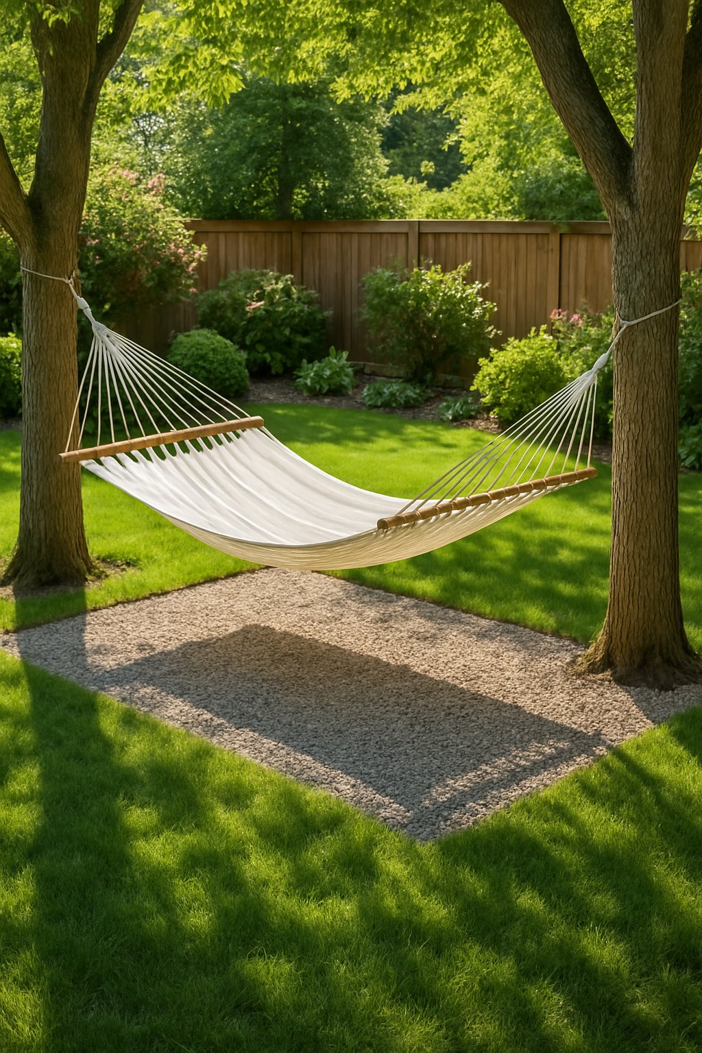 A backyard with a hammock over a gravel patch surrounded by grass and garden plants.