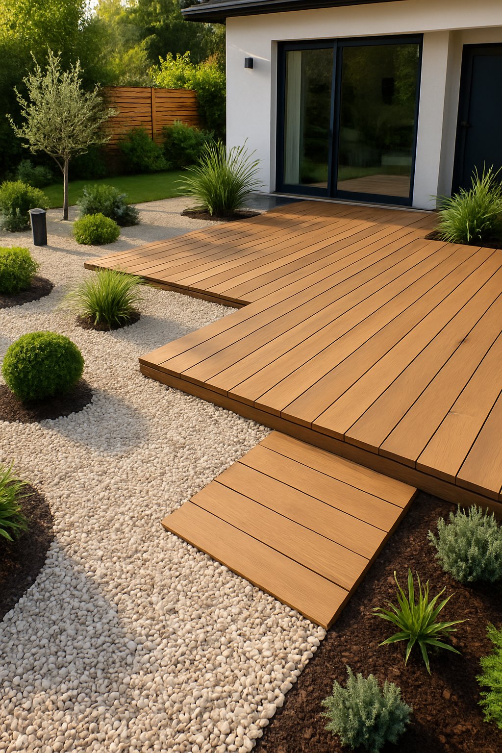 A backyard with wooden decking surrounded by light-colored gravel and green plants.
