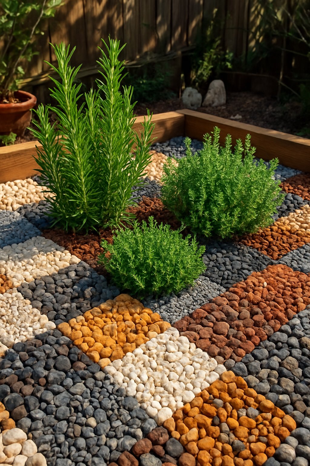 A backyard garden with rosemary and thyme plants growing among different types of gravel arranged in various patterns.
