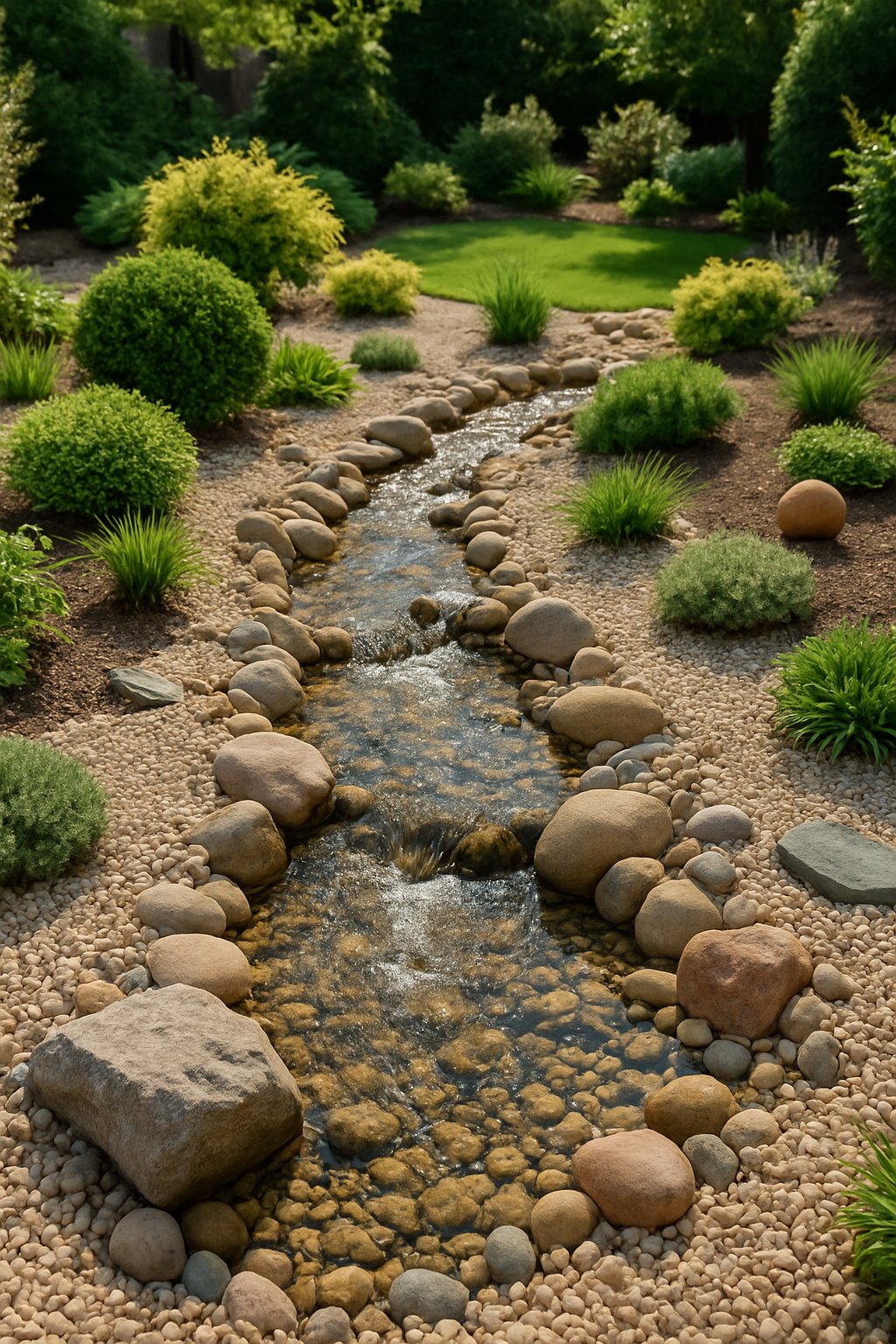A backyard with a small gravel water feature resembling a trickling stream surrounded by plants and garden landscaping.