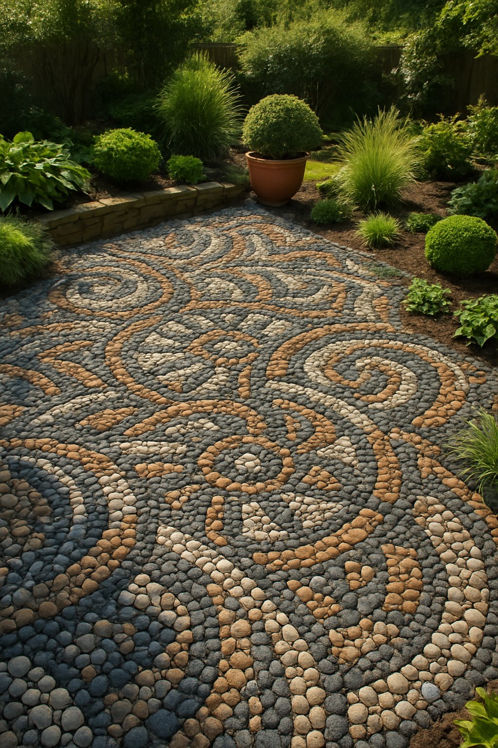 Backyard garden with a colorful mosaic pattern made of different sizes and colors of gravel surrounded by green plants.