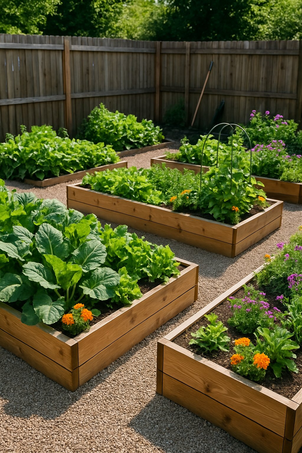 Backyard with raised wooden garden beds filled with plants and gravel paths between them.