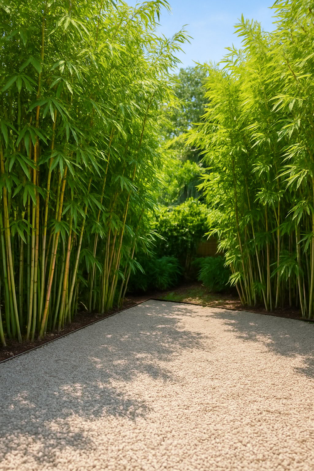 Backyard garden with light gravel ground surrounded by tall green bamboo plants under natural sunlight.