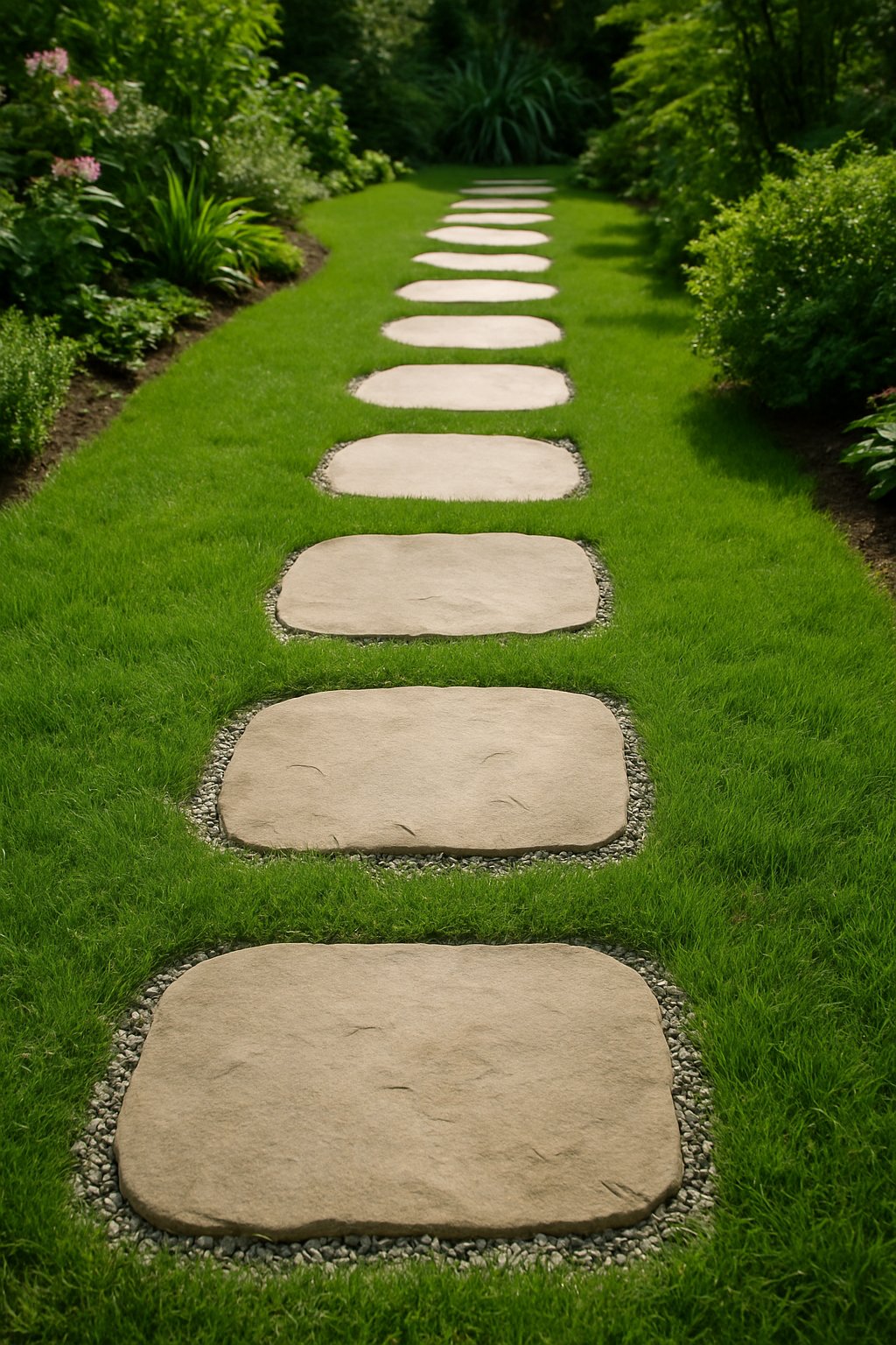 A backyard garden pathway with natural stone stepping stones separated by small gravel, surrounded by green grass and garden plants.