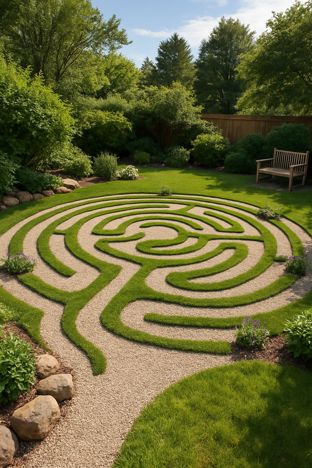 A backyard garden with a gravel labyrinth surrounded by grass, plants, and benches under soft sunlight.