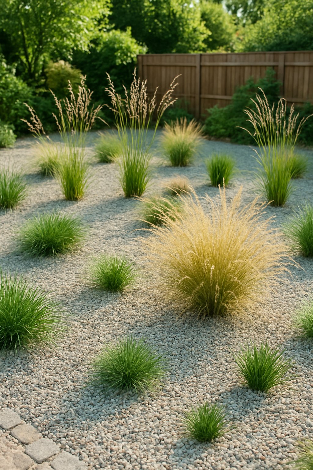 Backyard gravel garden with ornamental grasses growing through the gravel and greenery in the background.