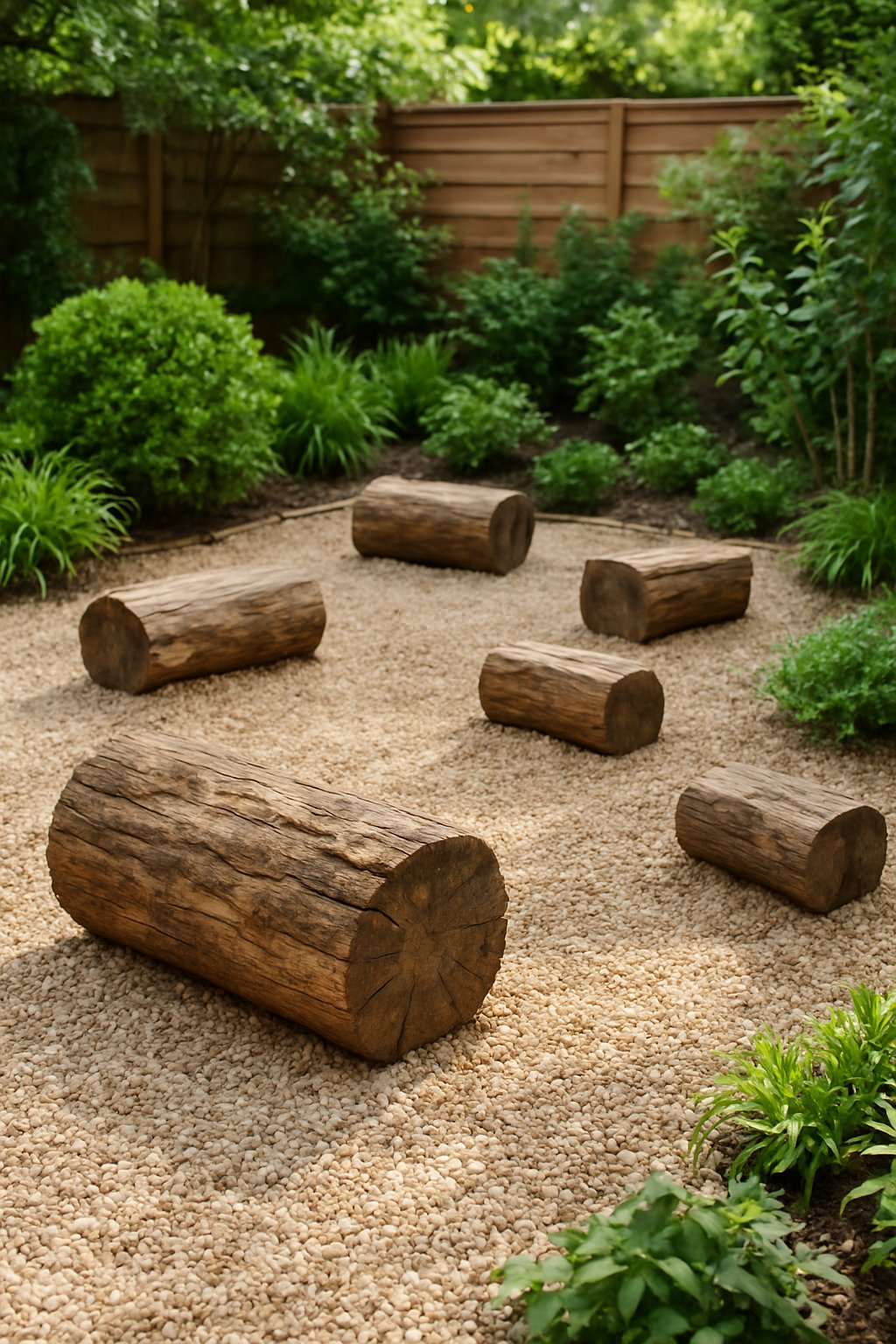 A backyard garden with rustic wooden logs used as seating on a gravel surface surrounded by green plants.