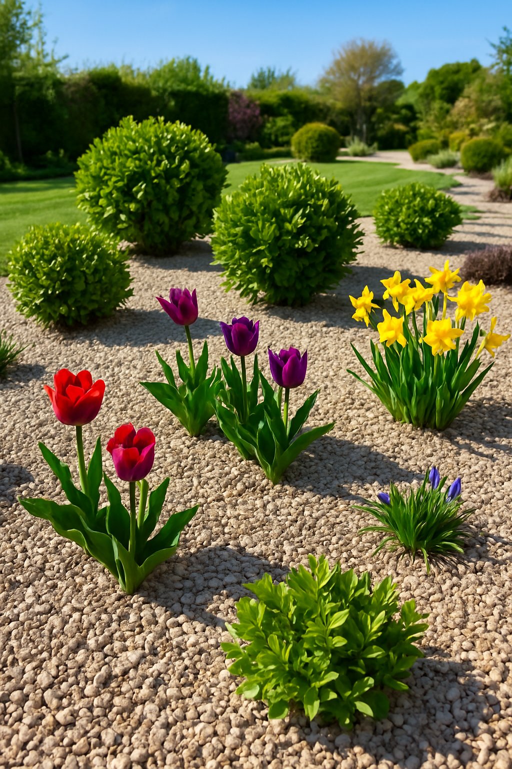 A backyard garden with shrubs and flowering bulbs surrounded by gravel mulch, with green plants and a lawn in the background.