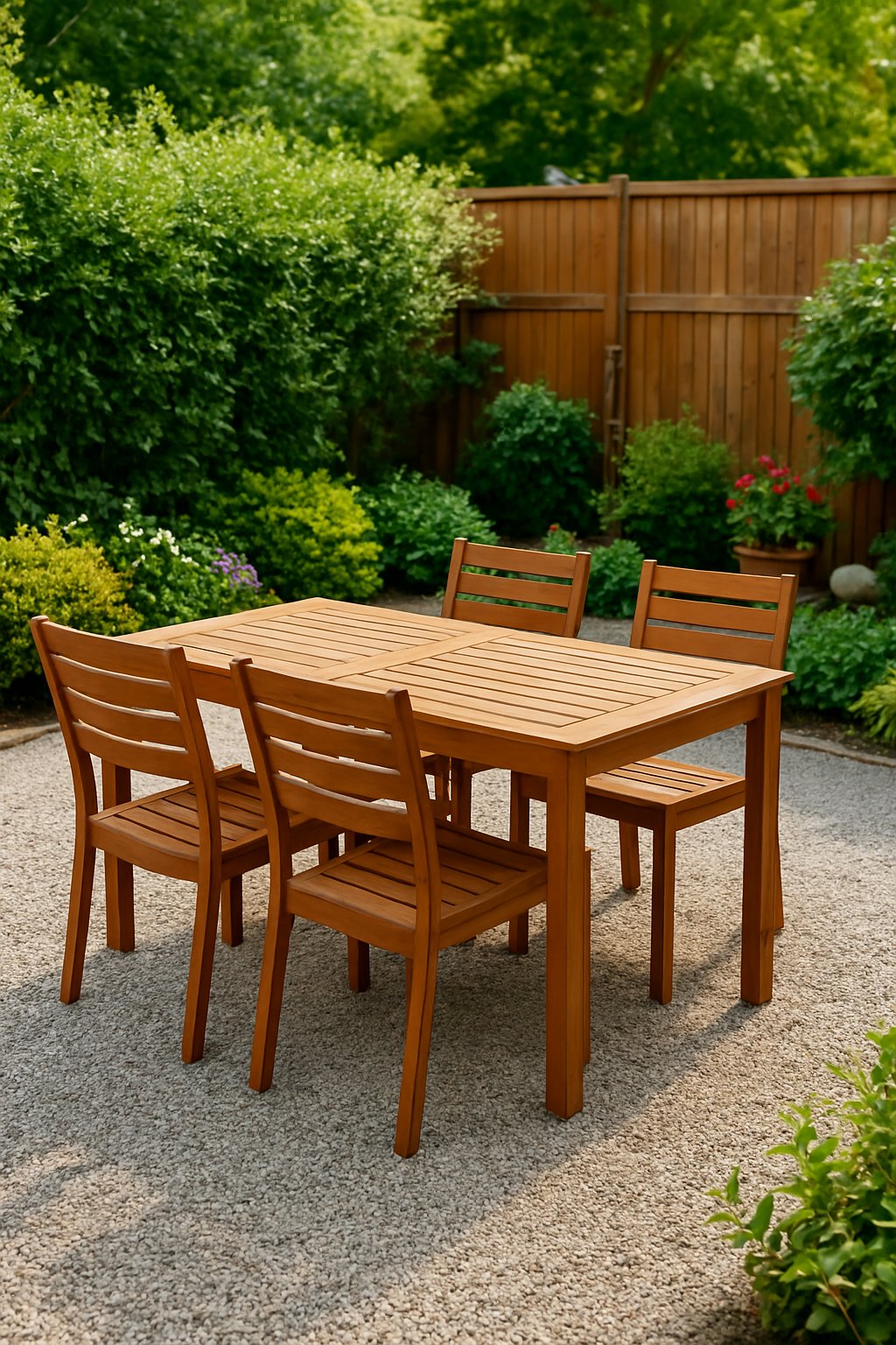 An outdoor dining table and chairs set on a gravel area surrounded by green plants and flowers in a backyard garden.