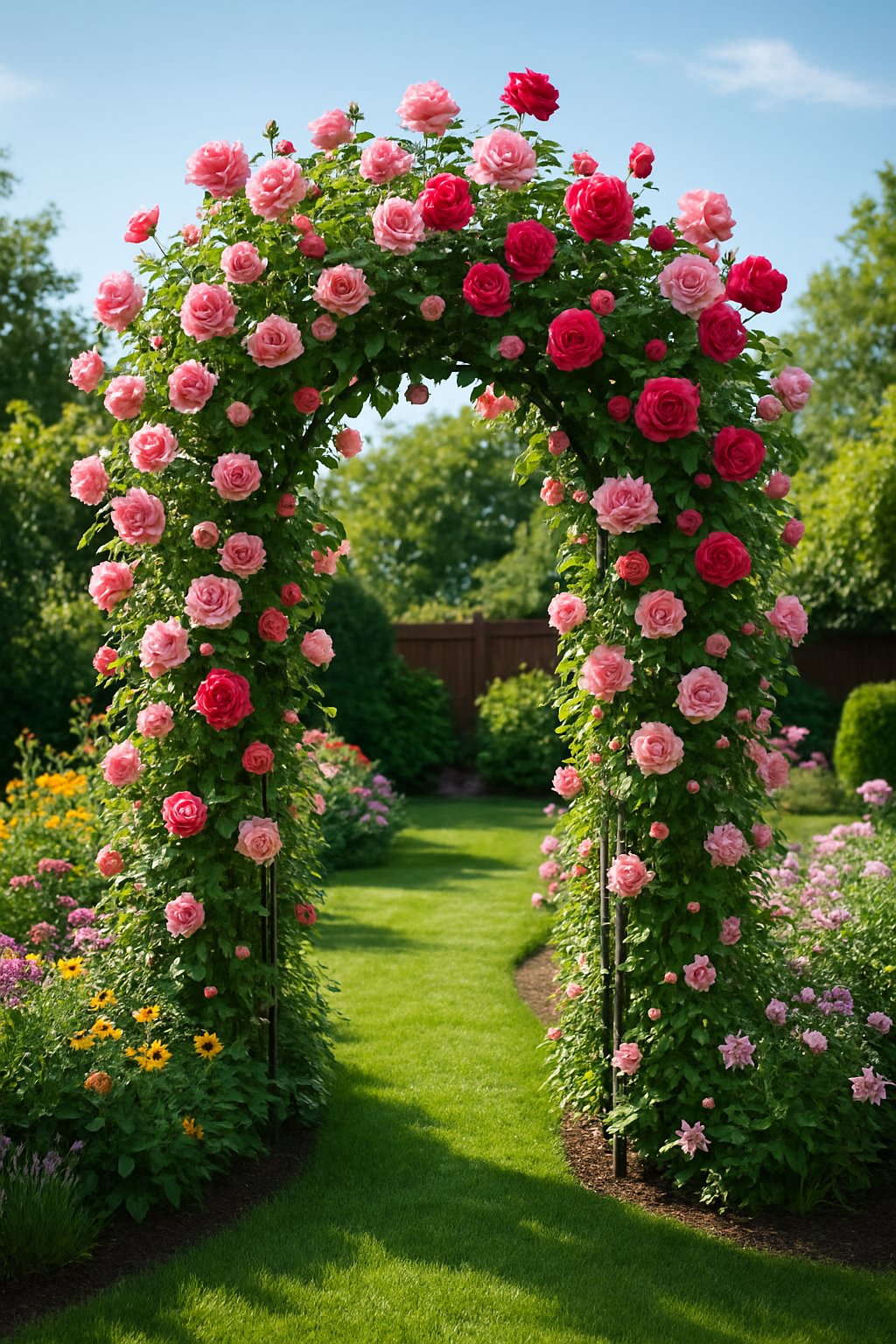 A garden archway covered with blooming climbing roses in a backyard garden with green grass and colorful flowers.