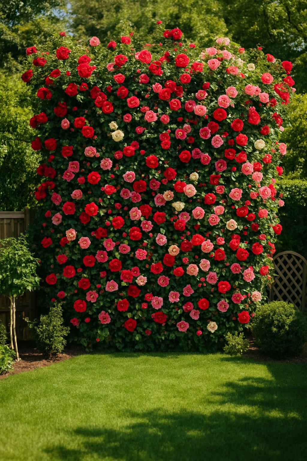 A backyard with a vertical wall covered in vibrant climbing roses in full bloom surrounded by green grass and garden plants.