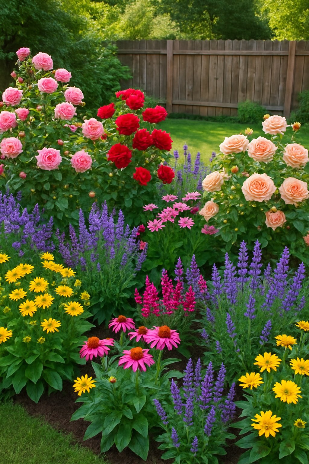 Backyard garden with blooming shrub roses mixed with colorful perennial flowers and green foliage.