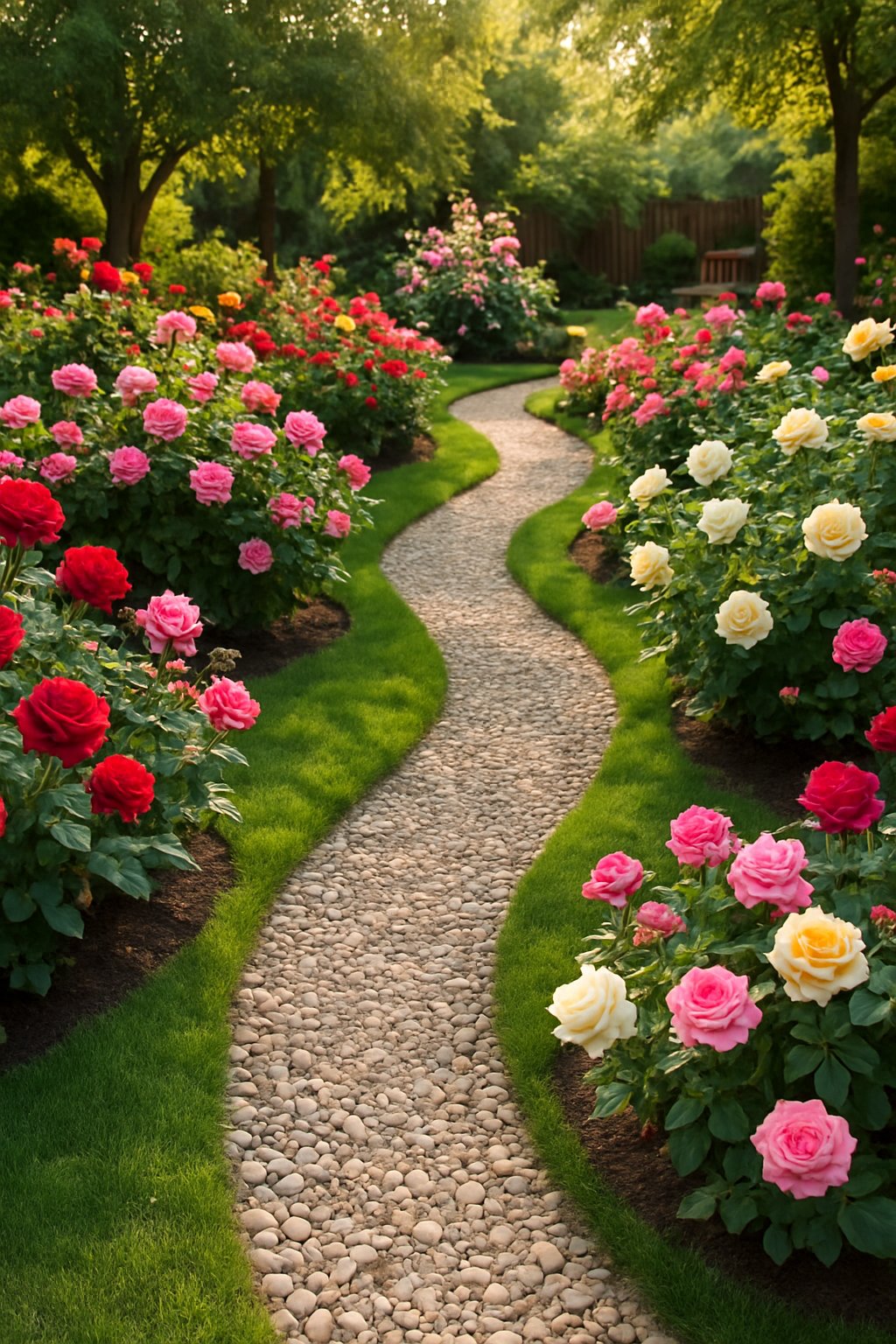 A winding pebble pathway surrounded by blooming rose bushes in a backyard garden.