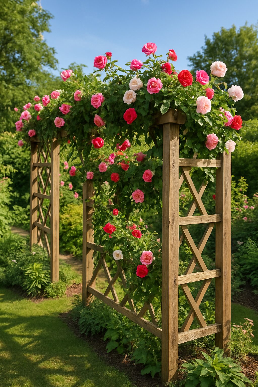 Backyard garden with rustic wooden trellises supporting climbing rose plants with pink, red, and white flowers.