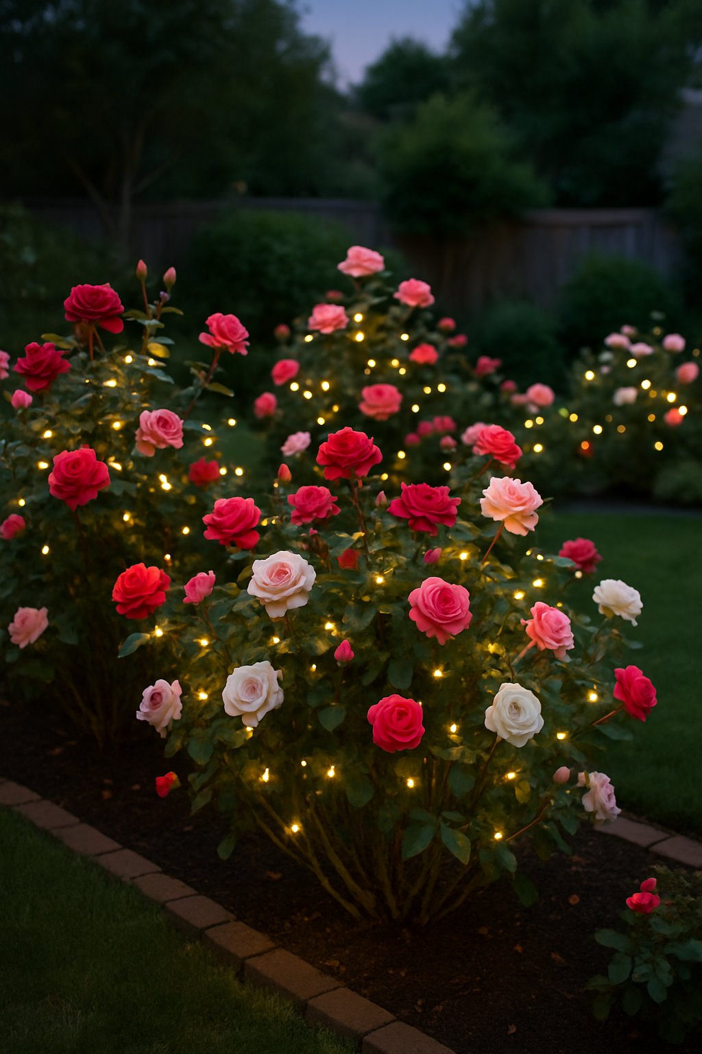 A backyard rose garden at dusk with rose bushes decorated with warm fairy lights glowing softly among the blooming flowers.